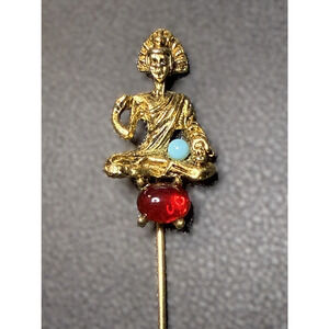 Vintage Signed ART Gold Tone Rhinestone Lady Goddess Brooch Hat Pin Cabochon